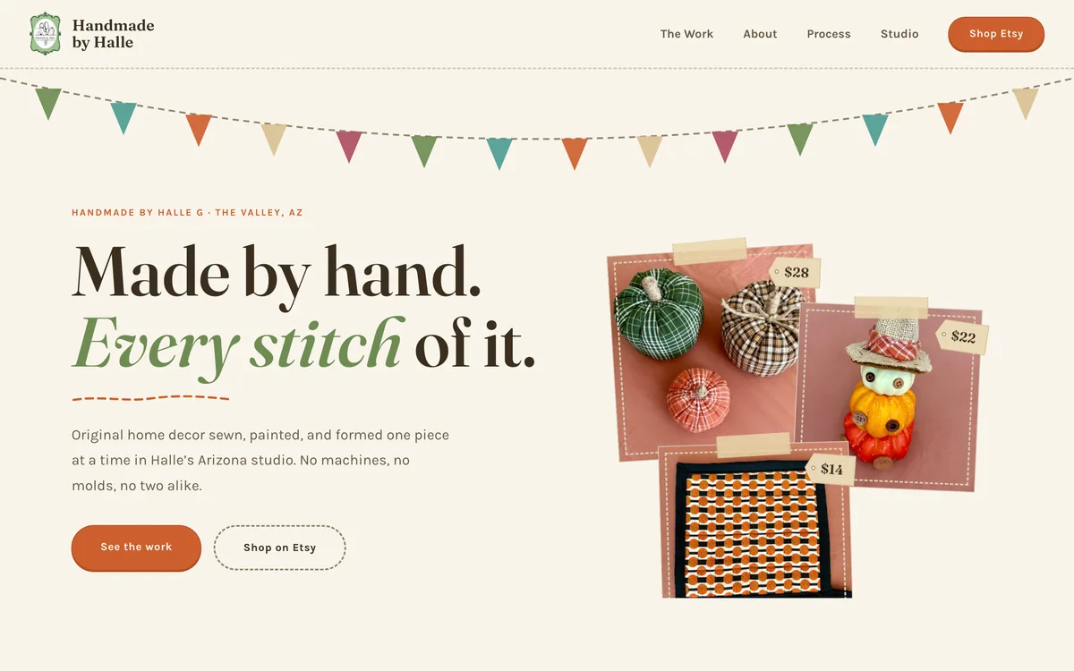 The live Handmade by Halle storefront — 'Made by hand. Every stitch of it.'