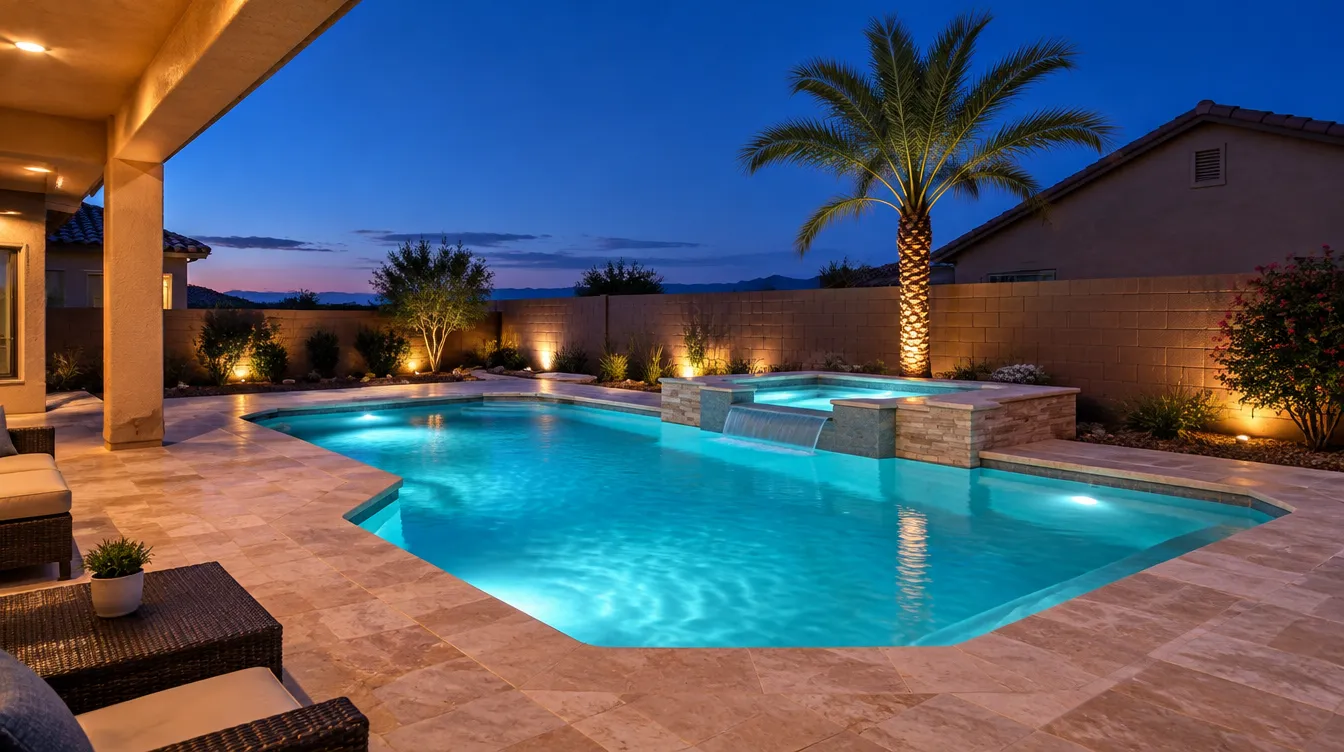Sample wide frame: finished pool and spa at dusk