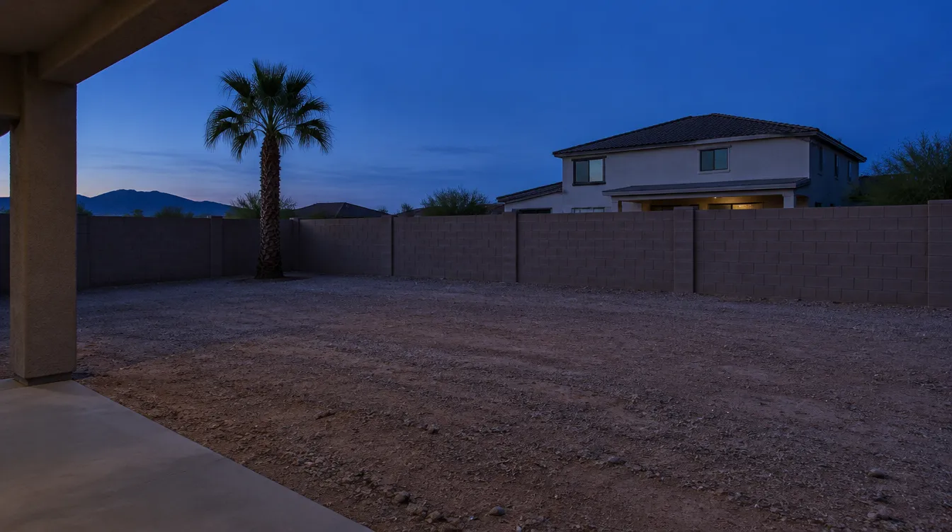 The same backyard before the pool, bare gravel at dusk