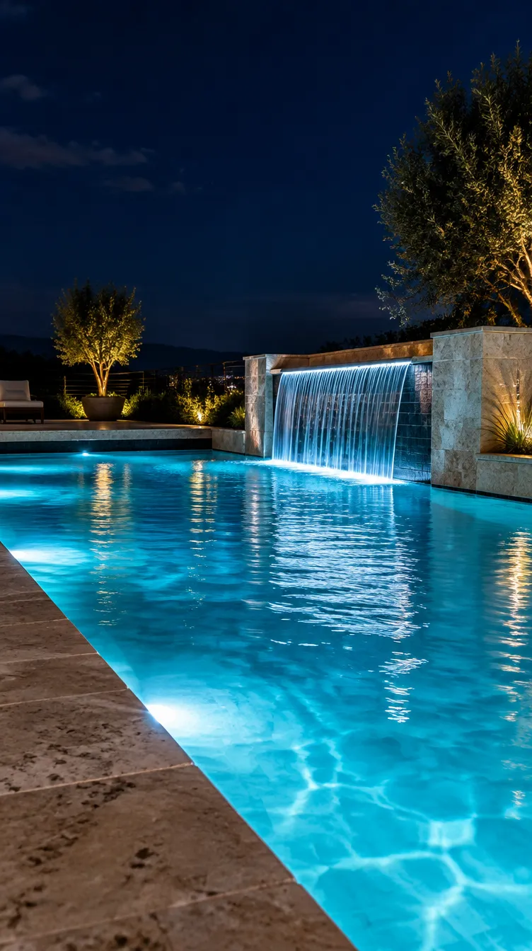 Sample reel frame: a pool at night with a glowing waterfall