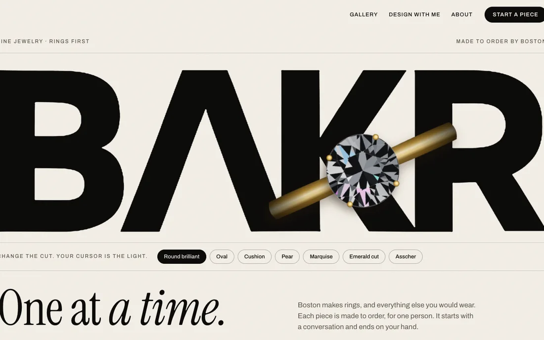 bakrjewelry.co homepage: the BAKR wordmark with a diamond ring lying across it